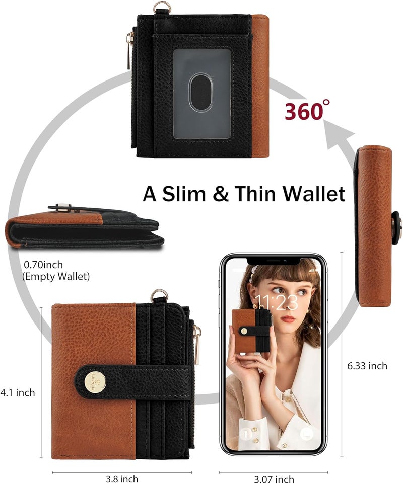 Sunpour Small Wristlet Wallets for Women Keychain Wristlet Wallet RFID Blocking Key Chain Wallet With Zipper Coin Pocket,2 Id Window (Brown＆Black) - Image 3